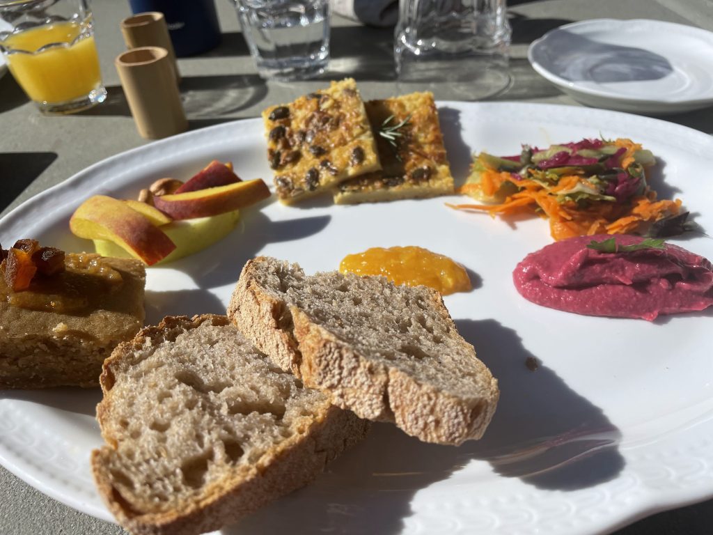 Gourmet vegan lunch plate with salad, hummus, and savory bread