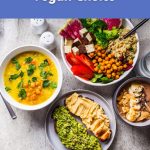 Colorful vegan meal with avocado toast, chickpea soup, quinoa bowl, and tofu salad.