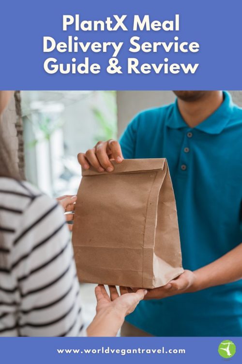 Person receiving a plant-based meal delivery bag at their door, representing the PlantX vegan meal delivery service, featured by World Vegan Travel.