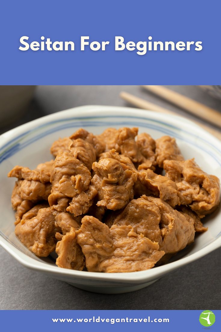 Seitan for Beginners – Vegan Protein Guide | World Vegan Travel Bowl of cooked seitan pieces shown close-up, used for a beginner’s guide to seitan.