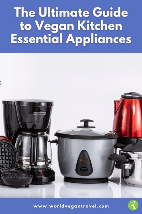 Vegan kitchen appliances including a coffee maker, rice cooker, kettle, and waffle maker – World Vegan Travel guide to essential appliances.