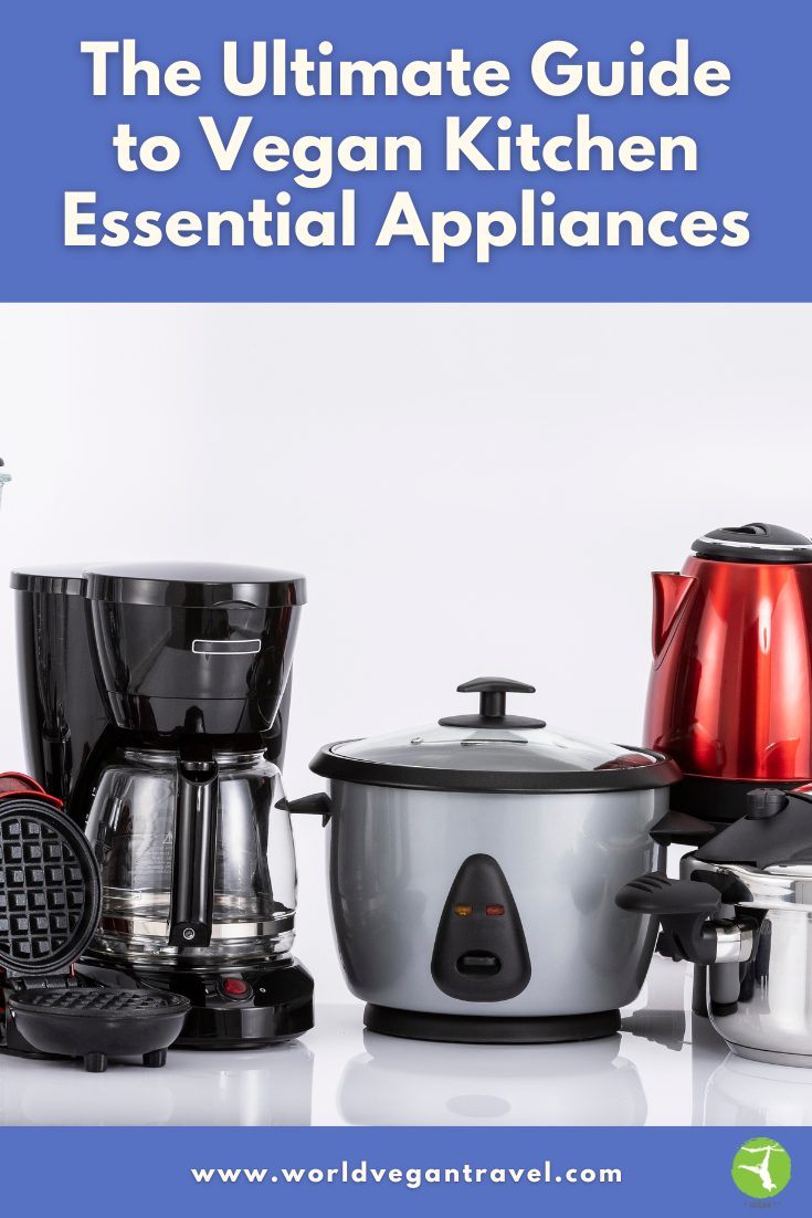 Vegan kitchen appliances including a coffee maker, rice cooker, kettle, and waffle maker – World Vegan Travel guide to essential appliances.
