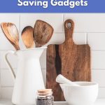 “The Ultimate Guide to Vegan Kitchen Time-Saving Gadgets” with kitchen utensils, cutting board, and pestle and mortar, created for World Vegan Travel blog.
