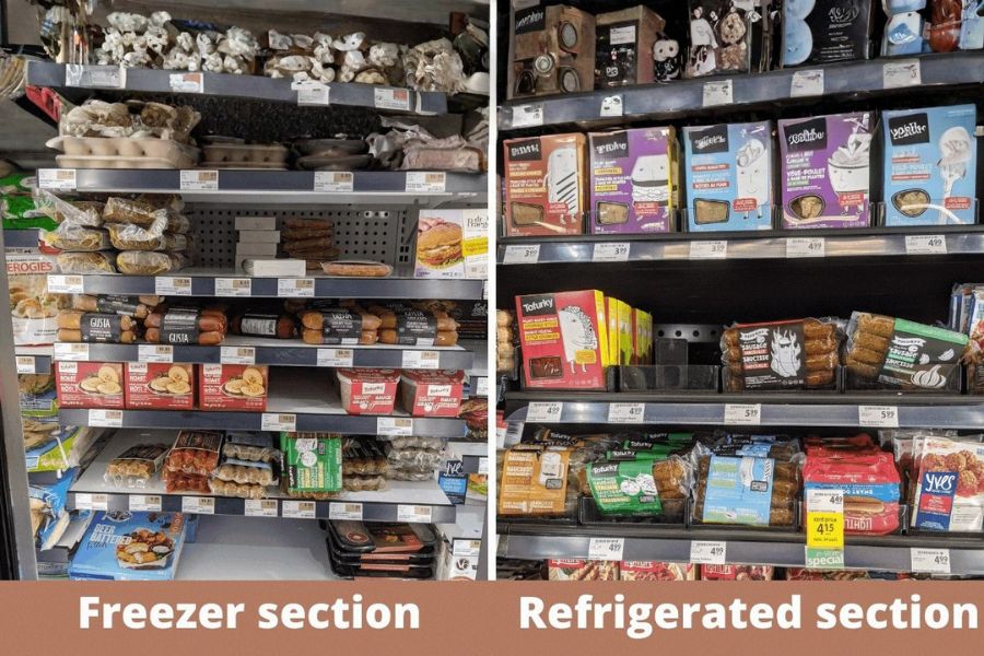 Supermarket freezer and refrigerated sections showing different vegan meats and seitan products.