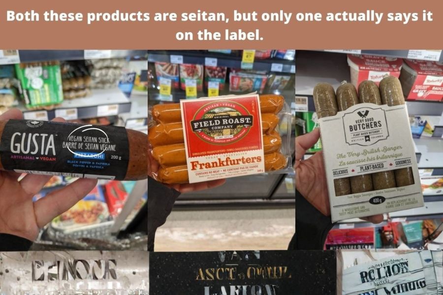 Three vegan meat products shown in a supermarket, all made from seitan even though only one is labeled as seitan.