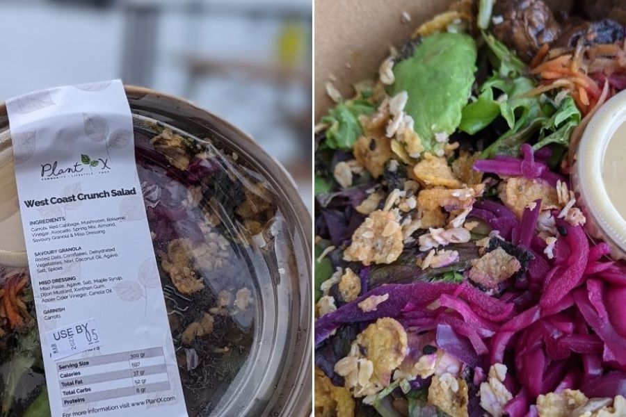 A fresh West Coast Crunch Salad from PlantX with mixed greens, veggies, and savory granola.