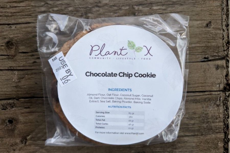 A packaged PlantX gluten-free vegan chocolate chip cookie.