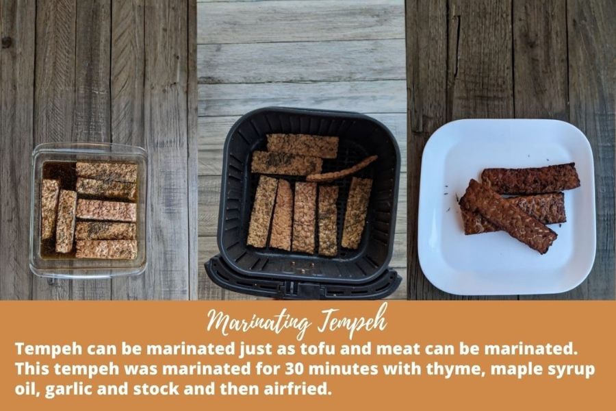 Three pictures showing tempeh strips being marinated, air-fried, and plated.