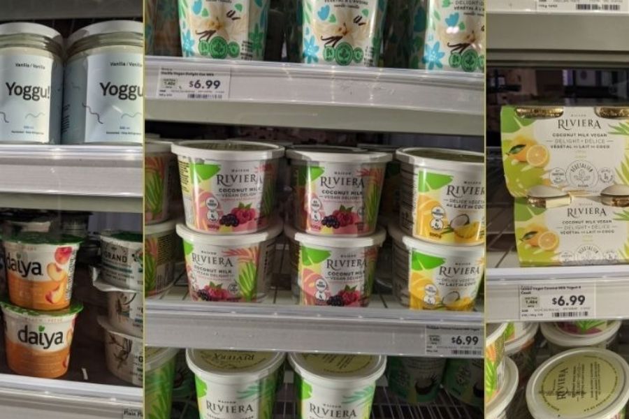 Coconut, soy, and almond-based vegan yogurts on a grocery shelf.