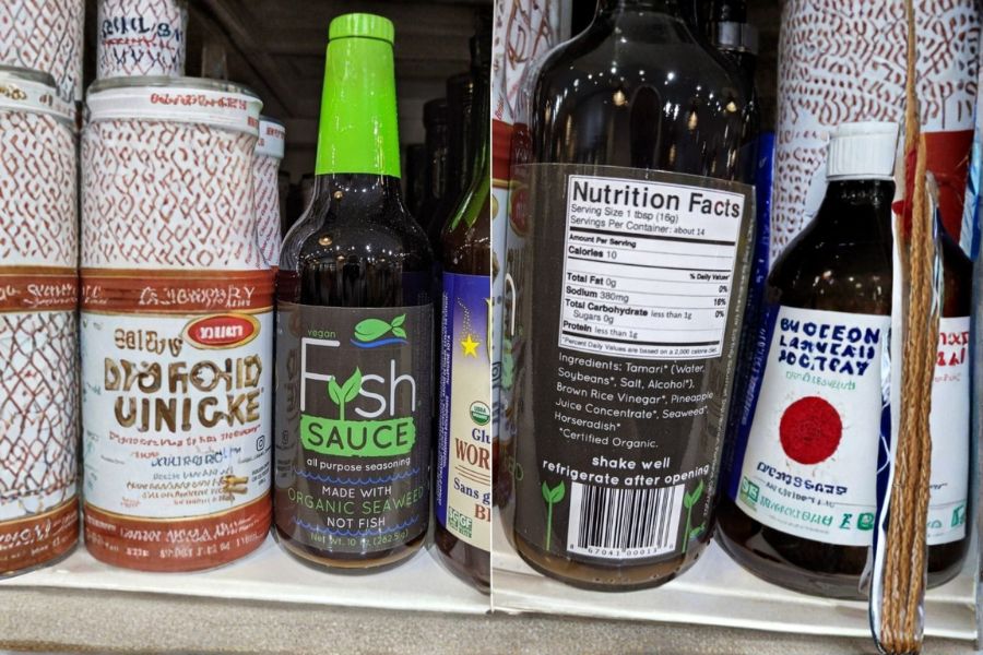 Bottle of vegan fish sauce made from seaweed