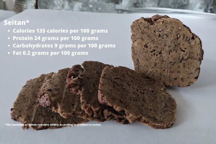 Sliced seitan on a cutting board with nutrition facts listed, showing calories, protein, carbs, and fat per 100 grams.