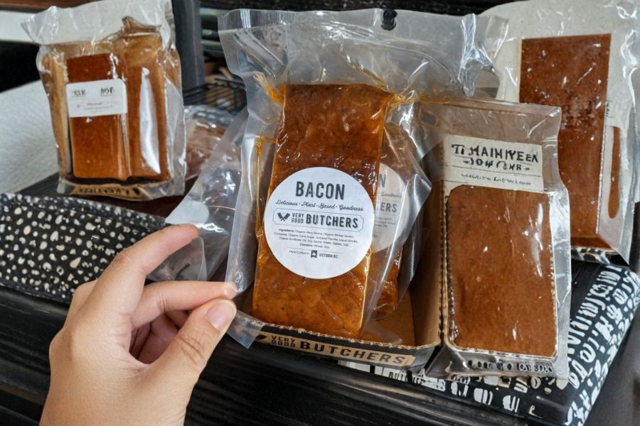 Packaged vegan bacon made from plants.