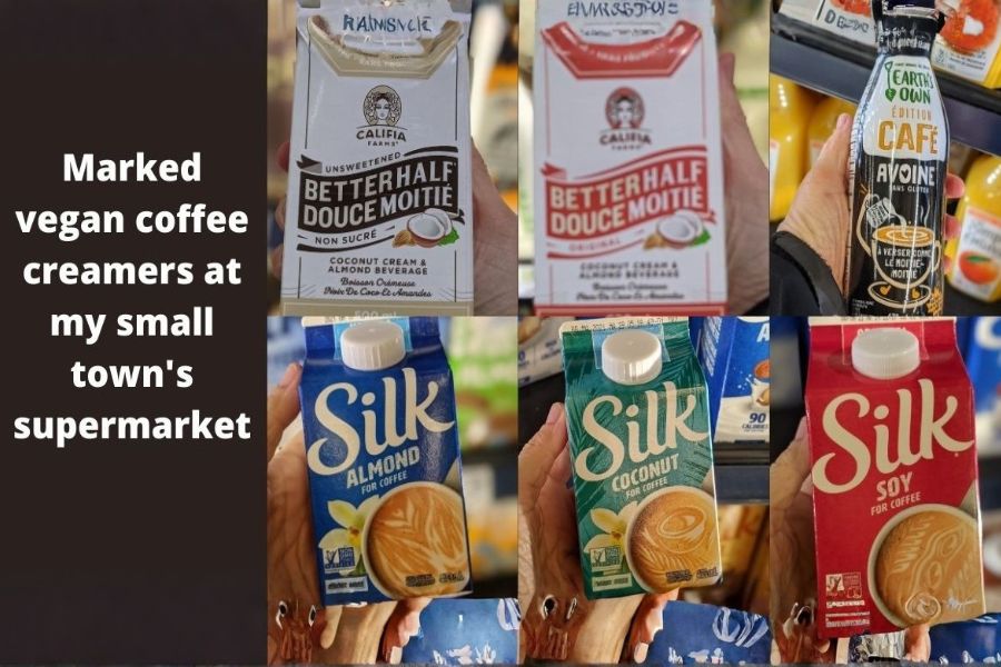 A collage of vegan coffee creamers from a small supermarket, including Califia Better Half and Silk almond, coconut, and soy creamers.