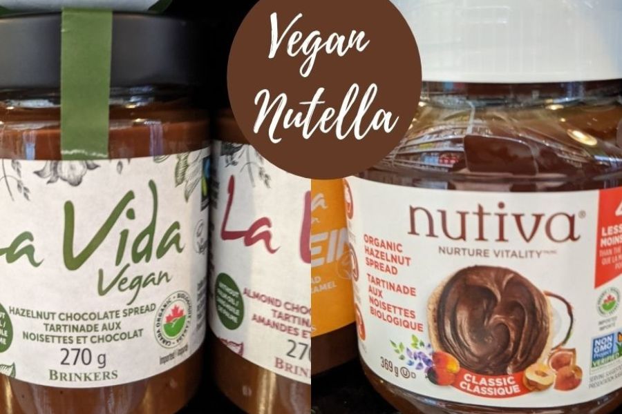 Jars of vegan hazelnut chocolate spread on a store shelf.