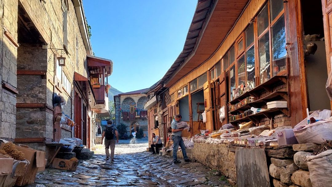 Stone street lined with small shops in Lahic, Azerbaijan