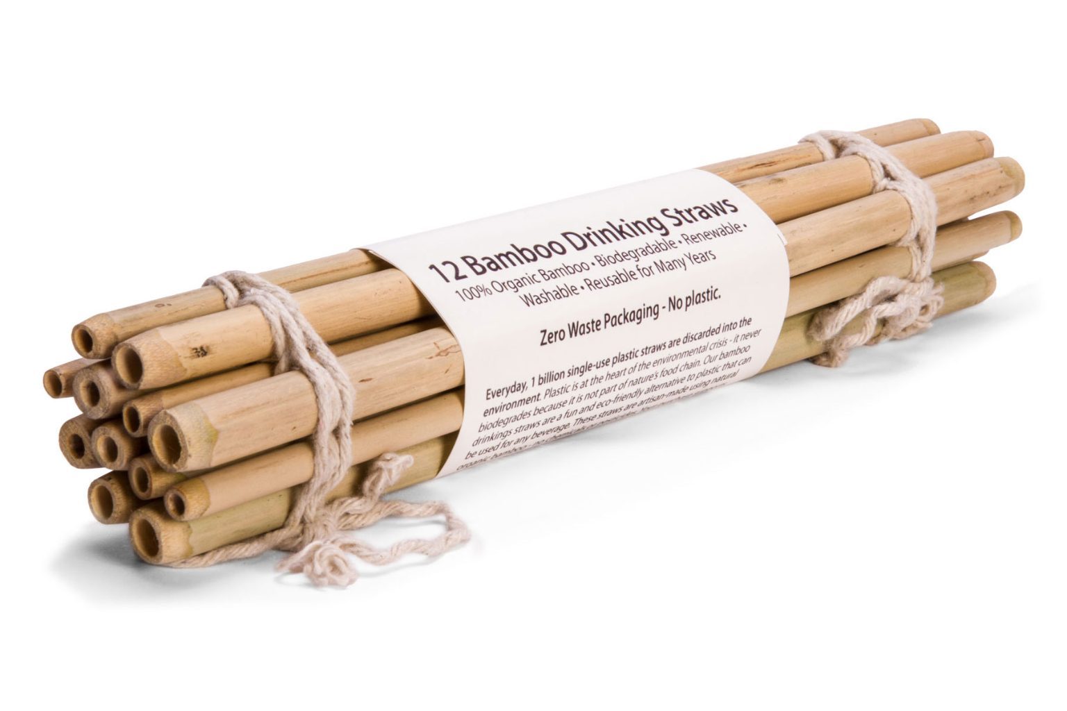 Bundle of reusable bamboo drinking straws tied with string.