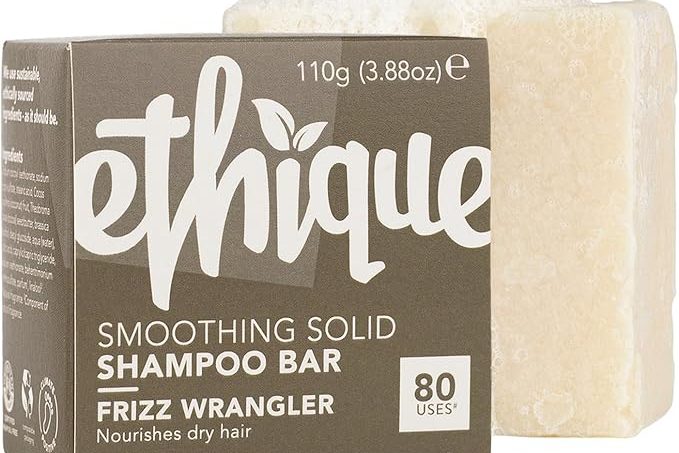 Ethique Frizz Wrangler solid shampoo bar and box — vegan zero-waste haircare