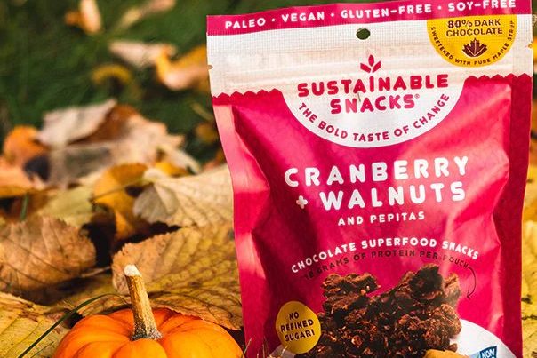 Sustainable Snacks cranberry and walnut vegan snack pack on autumn leaves with mini pumpkin.