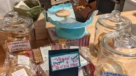 Vegan baked goods including cookies and muffins at a Squamish café.