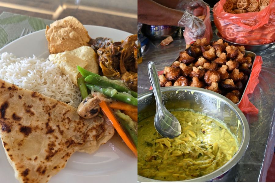 Traditional Sri Lankan meal with rice, curry, vegetables and plant-based dishes