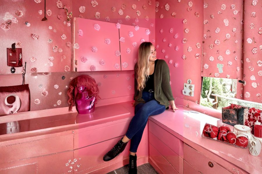 Vegan café interior in Seattle with pink walls and playful decor, featured in a Vegan Seattle Guide