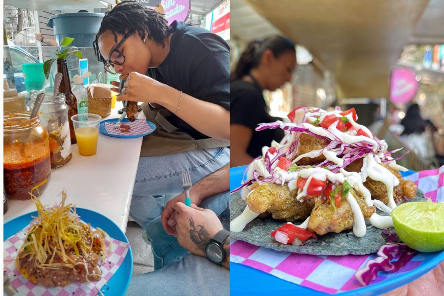 Guest eating vegan taco at local street food stall in Mexico City on one of Mena's tours.