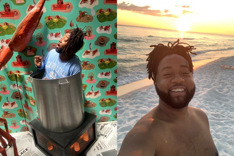 Original Simmons enjoying food culture and travel, from a playful food art display to a relaxing beach sunset