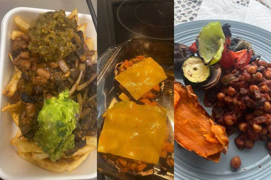 Vegan pasta, dessert, and a colorful plant-based meal enjoyed during travel