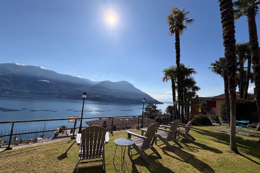 Lake Maggiore view from vegan hotel garden in Ticino