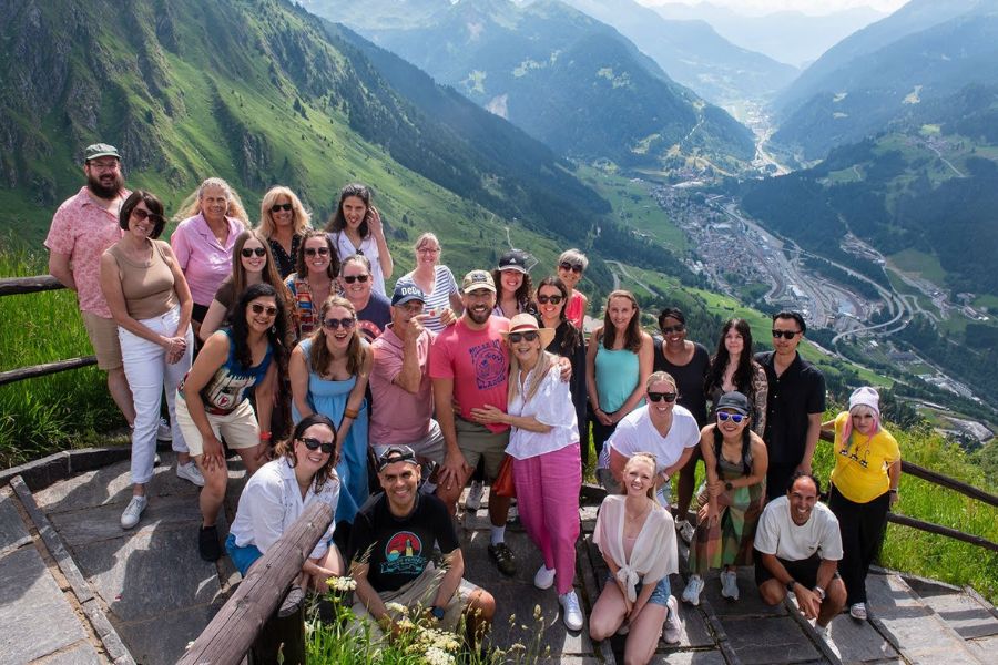Group of travelers enjoying mountain views in Switzerland