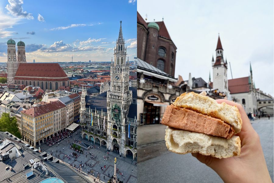 Munich Old Town view and vegan Leberkäsesemmel sandwich