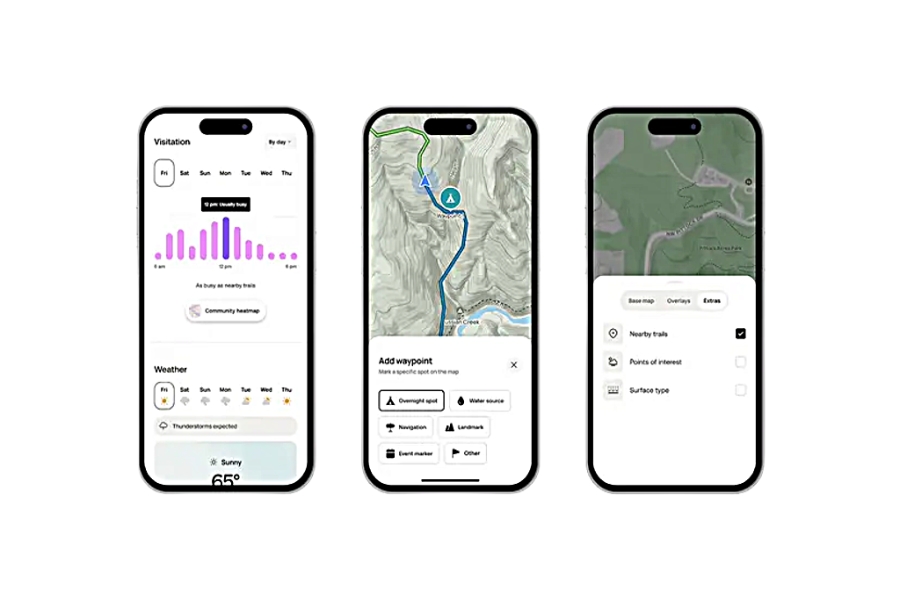 AllTrails app screens showing trail maps, weather, and nearby walking route features.