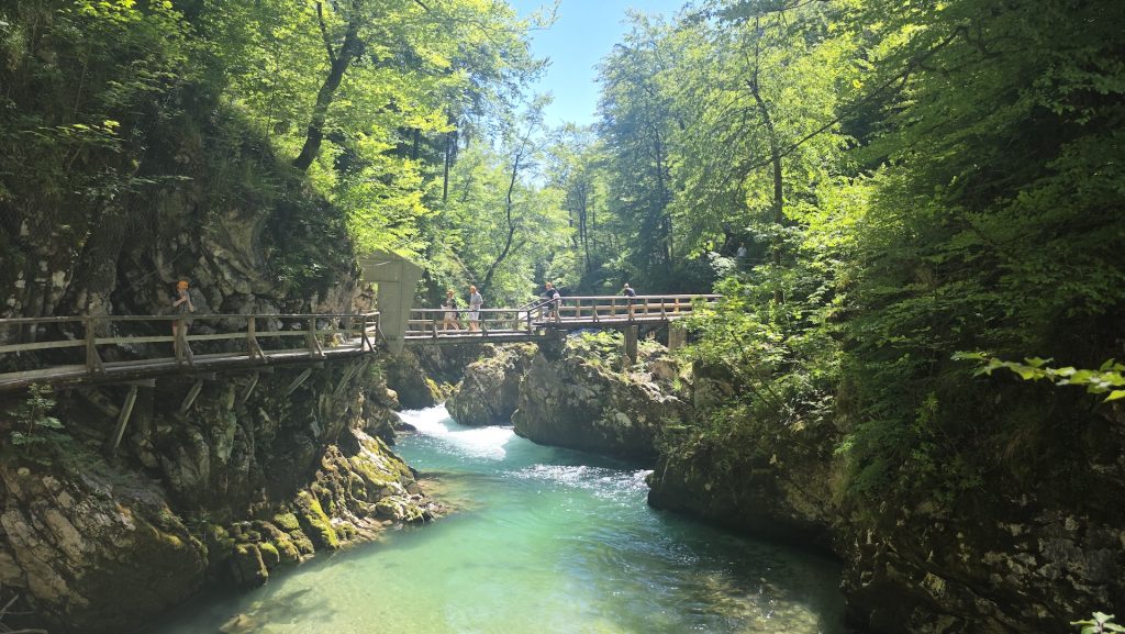 Wooden walkways above the turquoise river in Vintgar Gorge, Slovenia