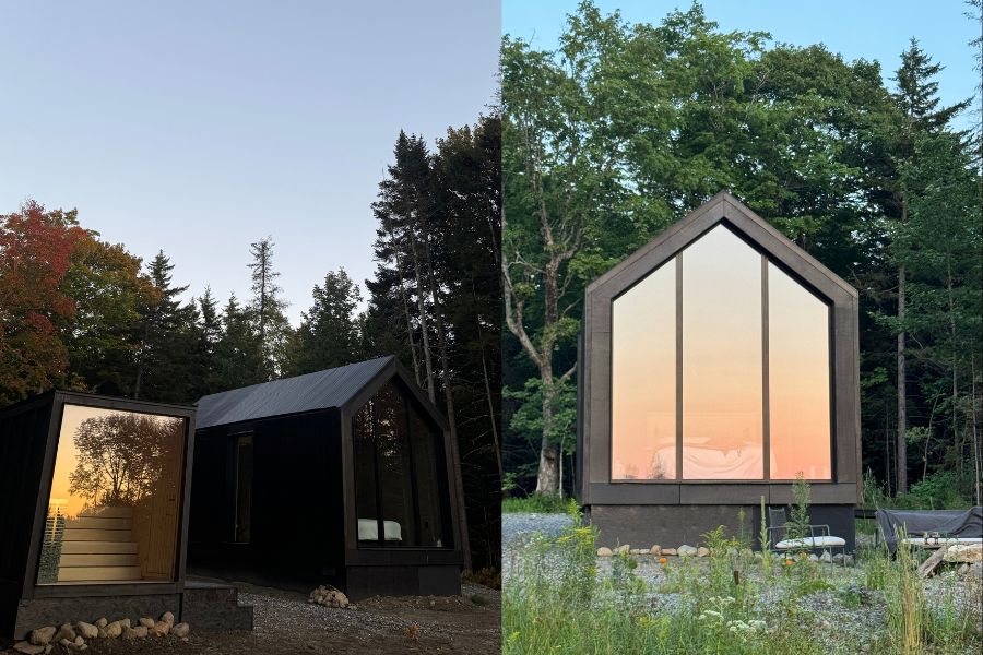 Two views of a woodland cabin at Balance.Farm, showing large windows reflecting warm sky colors and a separate sauna.