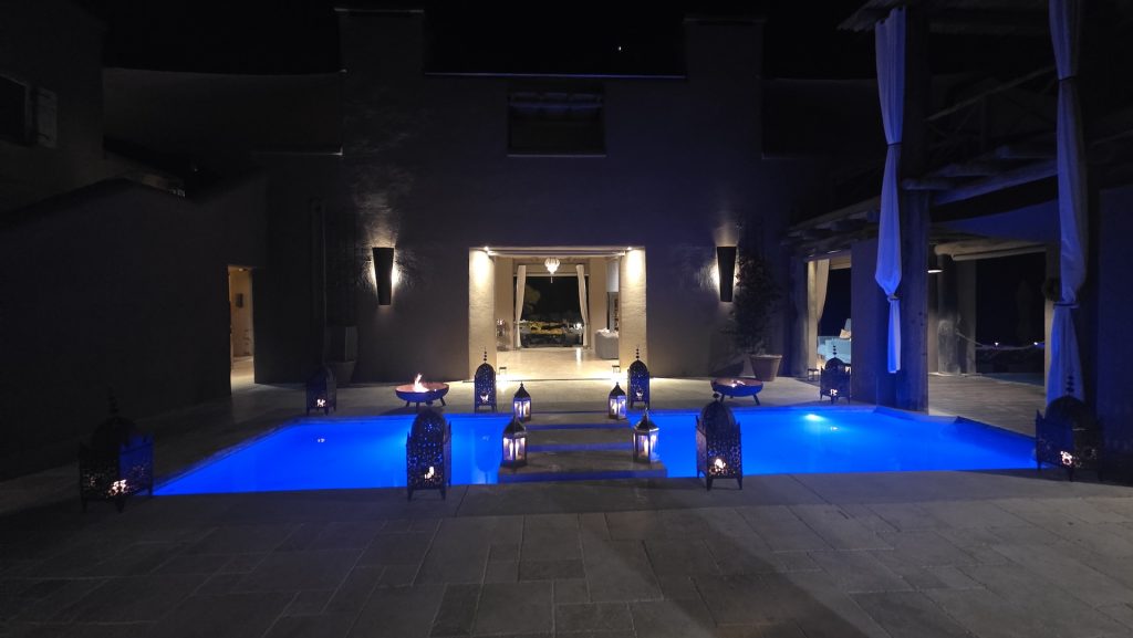 Onguma The Fort illuminated at night in Namibia
