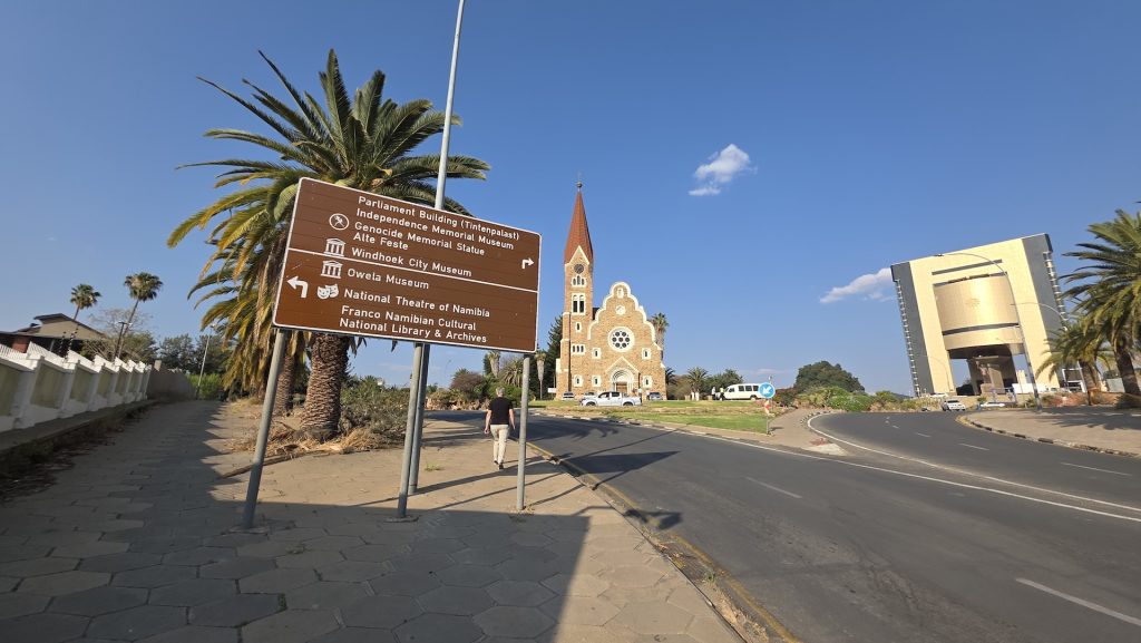 Christuskirche and city landmarks in central Windhoek, Namibia